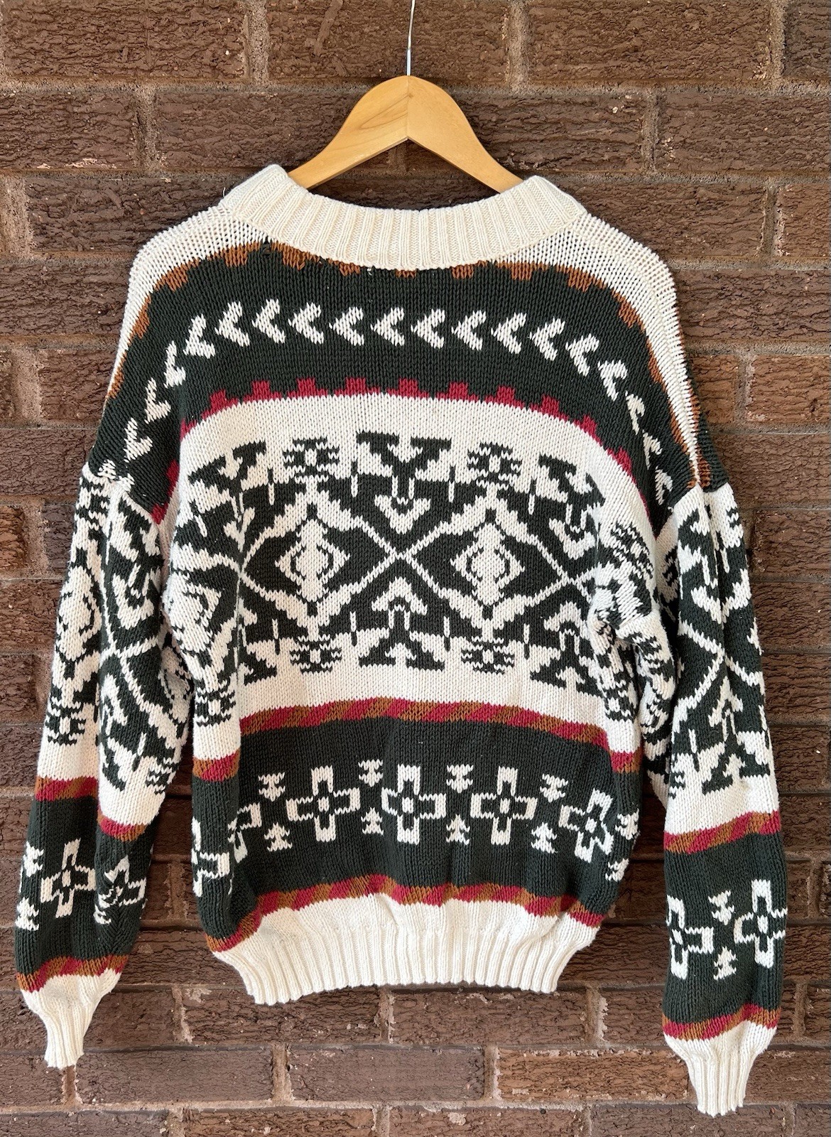 Aztec Pattern Knit Cotton Sweater Southwestern Print 80s 90s Vintage L