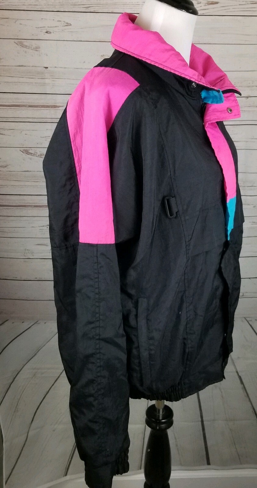 Vintage 80s Track Jacket Large Colorblock Unisex Black Neon Pink Blue