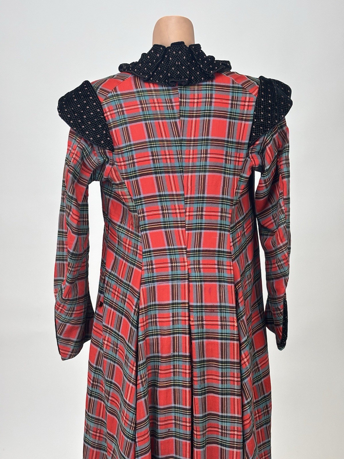 Antique Victorian Walking Coat Plaid Red Green Black Yellow Burnout Velvet AS IS