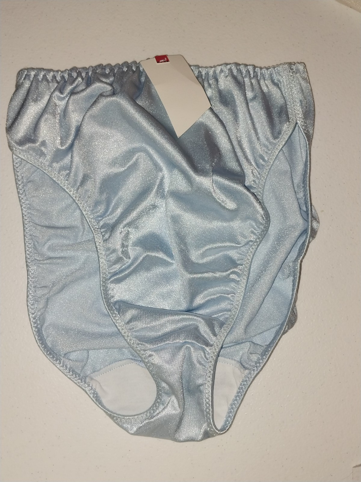 VTG SATIN SECOND SHINY SKINS Baby Blue NYLON SPANDEX HI LEG BIKINI PANTIES 32