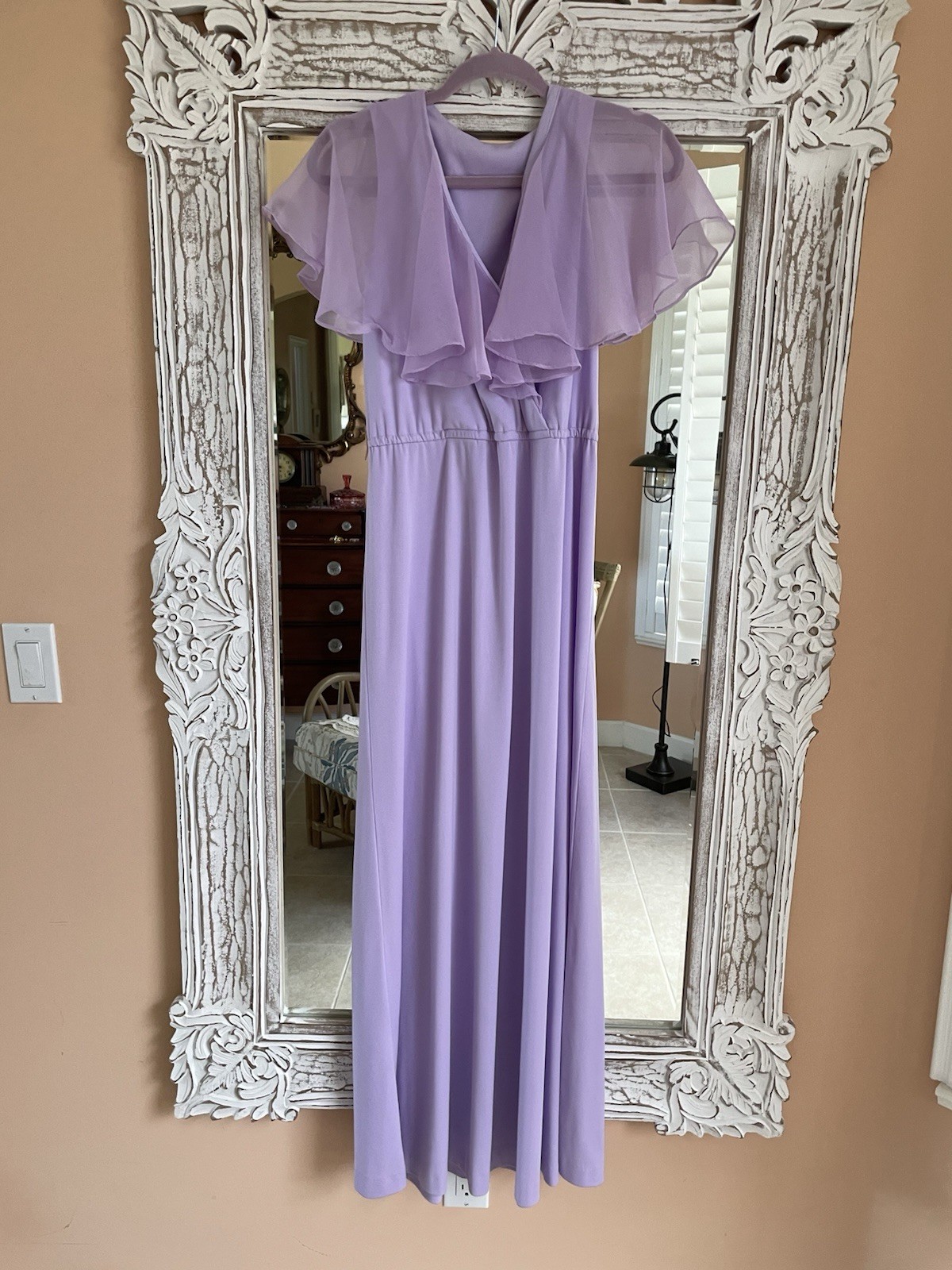 Vintage 70s Sheer Poly Lavender Sleeveless Flutter Cape Maxi Dress S/M