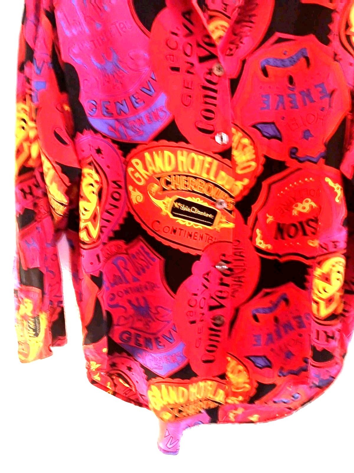 Vintage Brett Harrison 100% Silk Blouse Large Hotel Luggage Tag Travel Print 80s