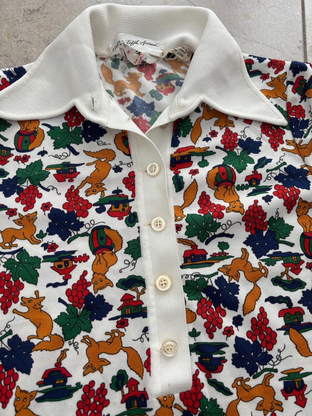 Vintage 1960s Goldworm Saks 5th Ave Fox Print Italy Grapes Shirtdress Polo Mod 8