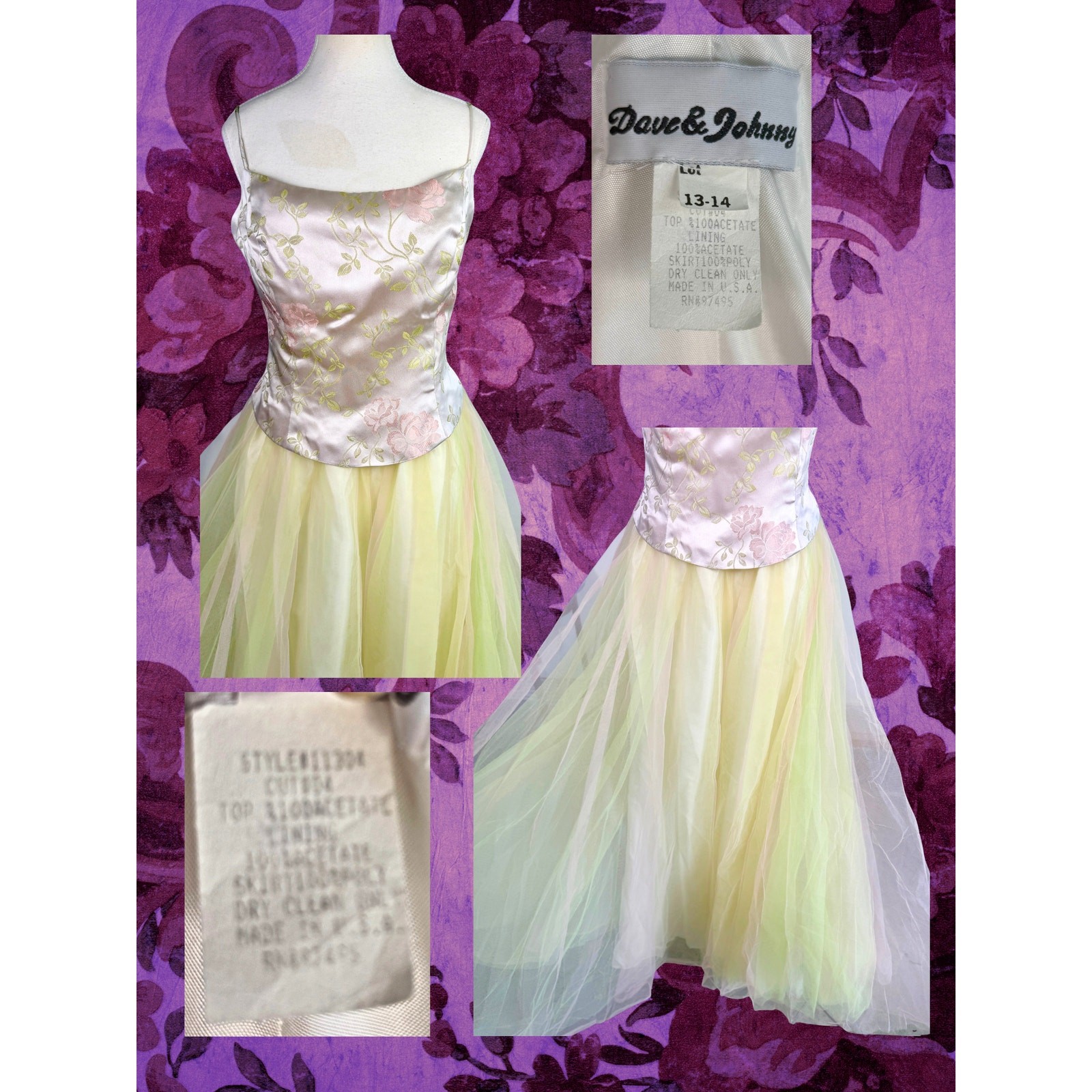 Vintage 70s Dave and Johnny Brocade Corset Tulle Green Pink Tulle Gown 13/14