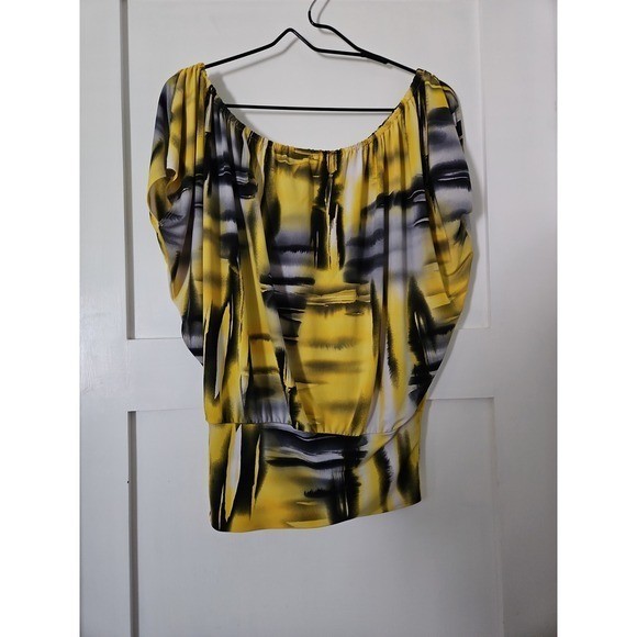 Vintage Y2K Abstract Print Blouse Medium Yellow & Grey Retro Dolman Sleeve