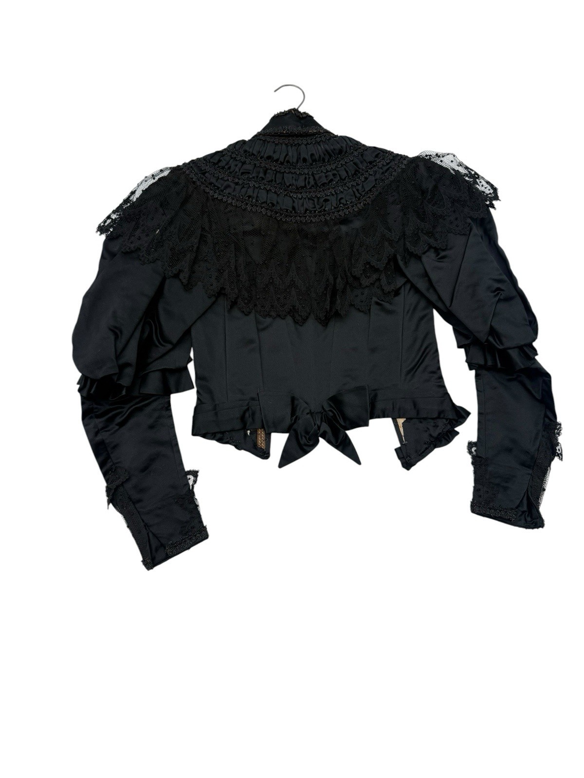 Antique 1890s Victorian Mourning Bodice Jet Black Beaded Boned Lace Top Jacket