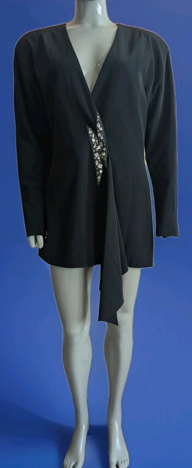 Vintage 80s D&rsquo;ore Black Draped Jacket w/Rhinestone Accent Draped Fold 16