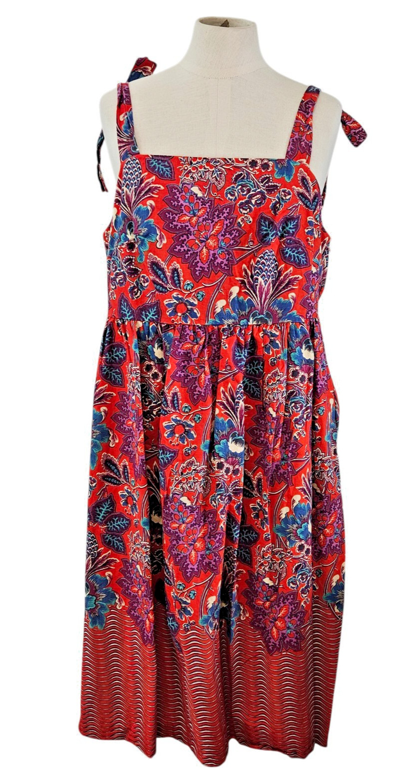 Vintage Dress Size 16.5W Sundress Pinup 60s 70s Floral Tie Strap Cotton USA Red