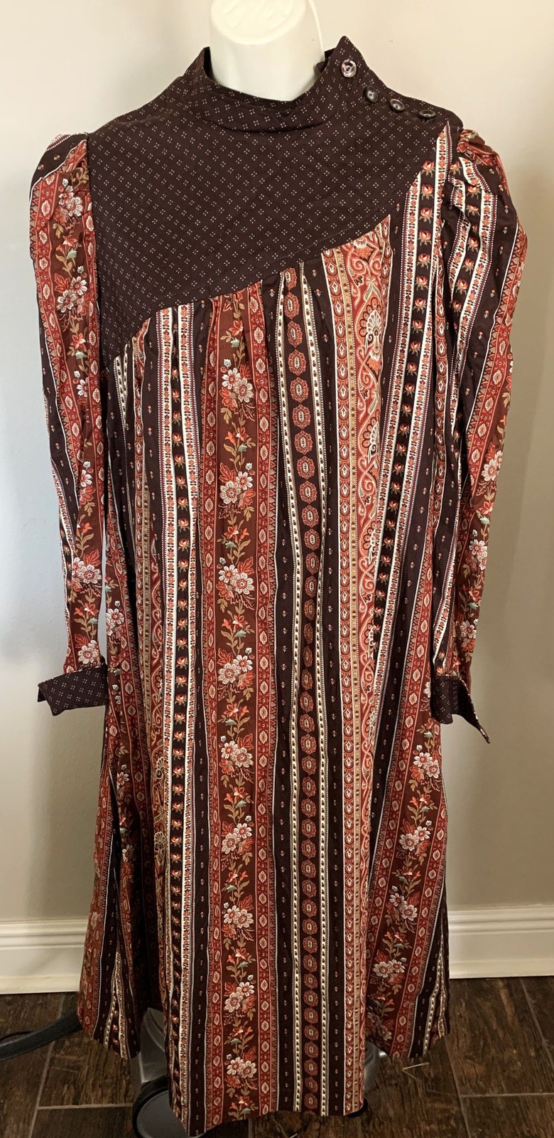 Vintage Custom Made GRANNY MAXI DRESS Womens Prairie LONG Brown Print Cotton