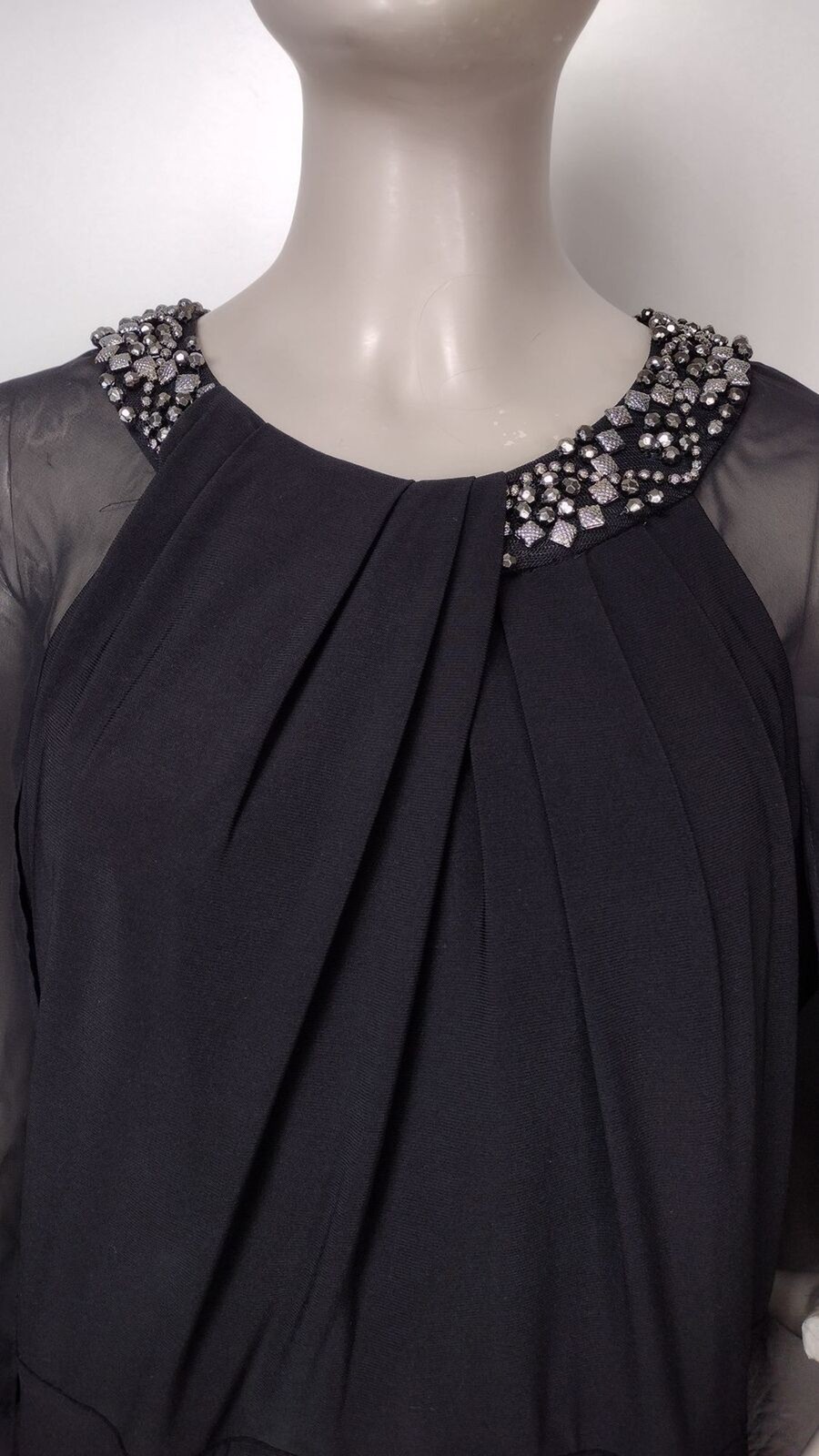 Vintage Scarlett Black Beaded Elegant Flowy Sheer Capelet Slit Formal Maxi Dress