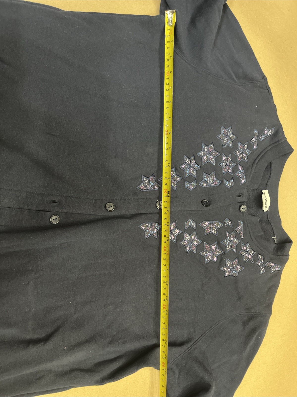 Vintage BonWorth Snowflake Embroidered Cardigan Women Navy Grandma Size Large