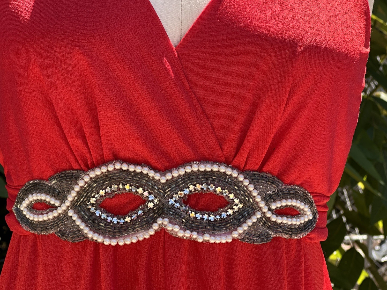 Vntg Lilli Diamond Red Evening Gown Long Cocktail Dress Beaded Waist V‑Neck 12