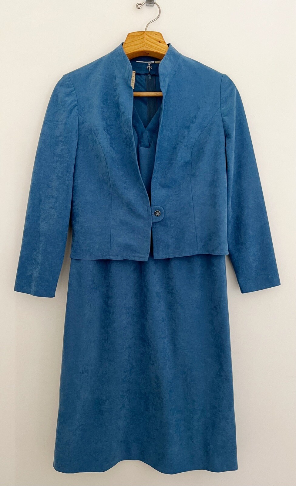 Vintage LESLIE FAY Women Dress/Jacket Set Sz M Blue Career 1970s