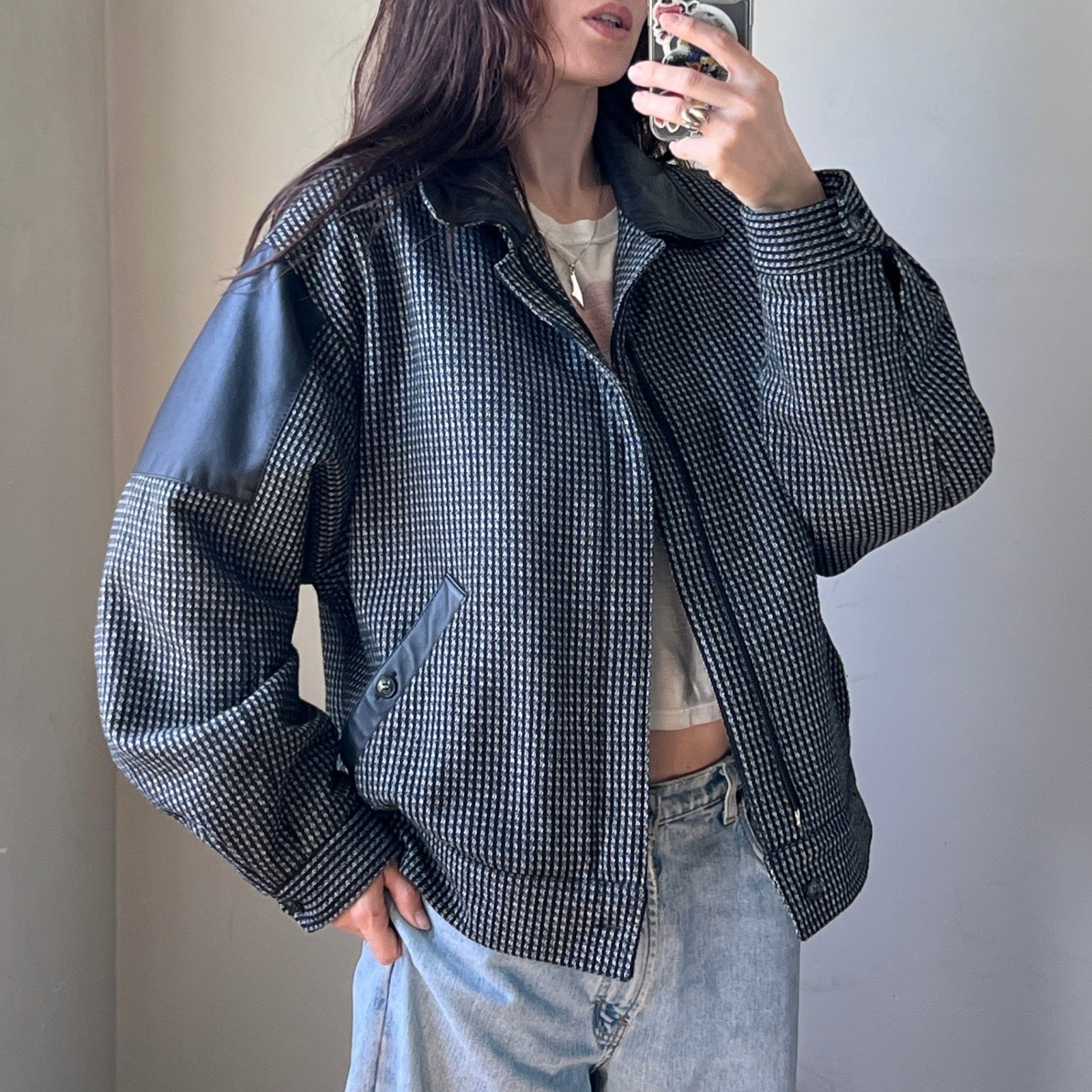 Vintage Wool Knit Bomber Jacket Black Leather Trim Textured Zip Up Baggy Coat
