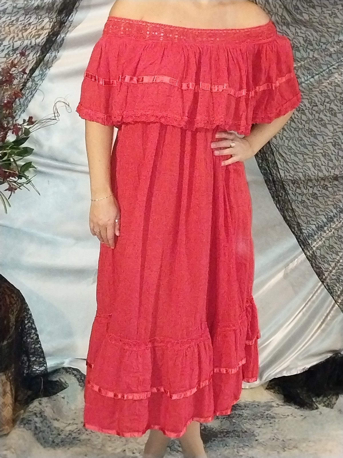 Vintage 70s Mexican Red Shoulder Angel Sleeve Crochet Maxi Wedding DRESS Boho 48