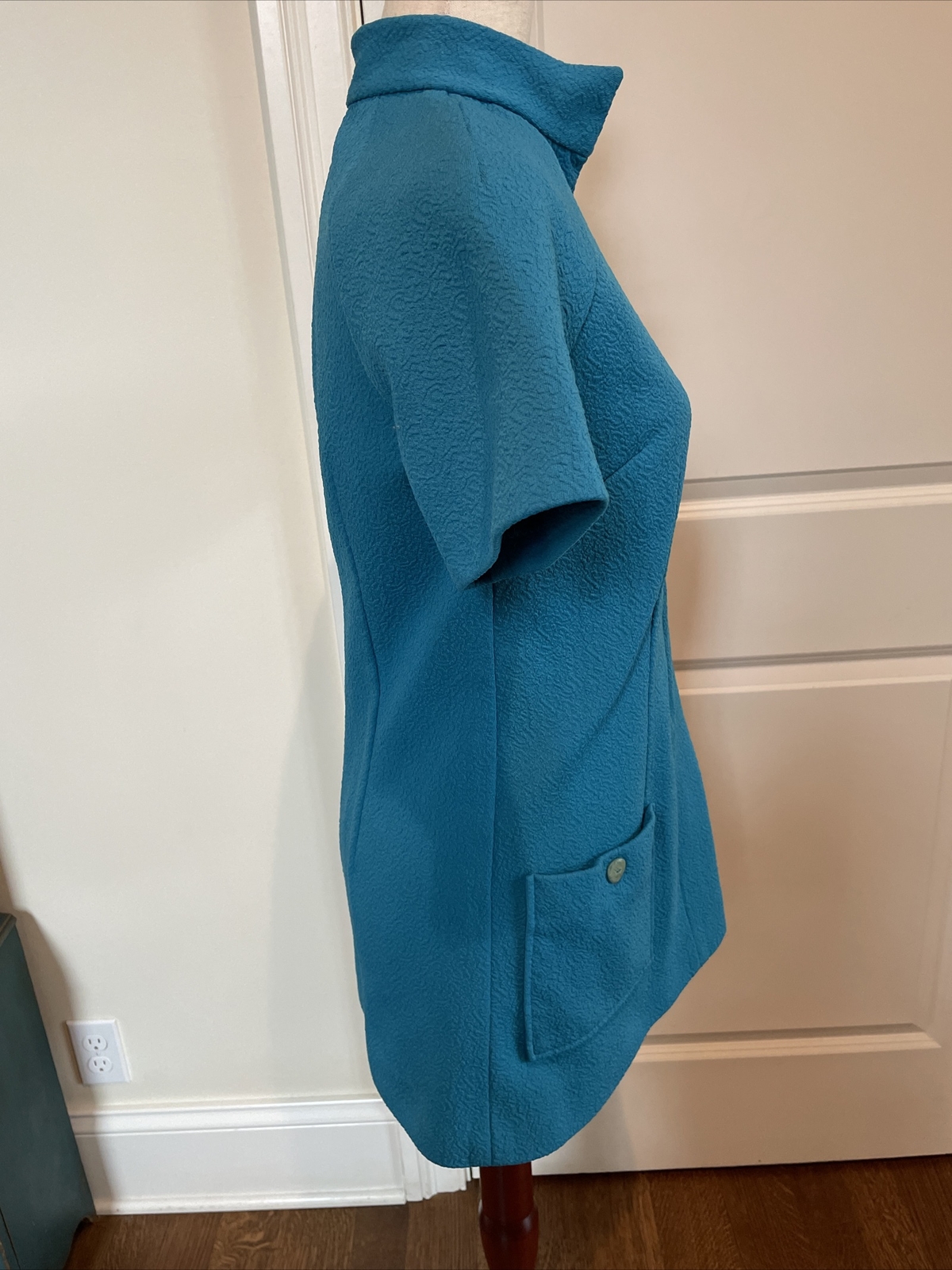 Vintage 60s 70s Medium Tunic Top Mod Retro Damask Aqua Blue Zip Up Short Sleeve