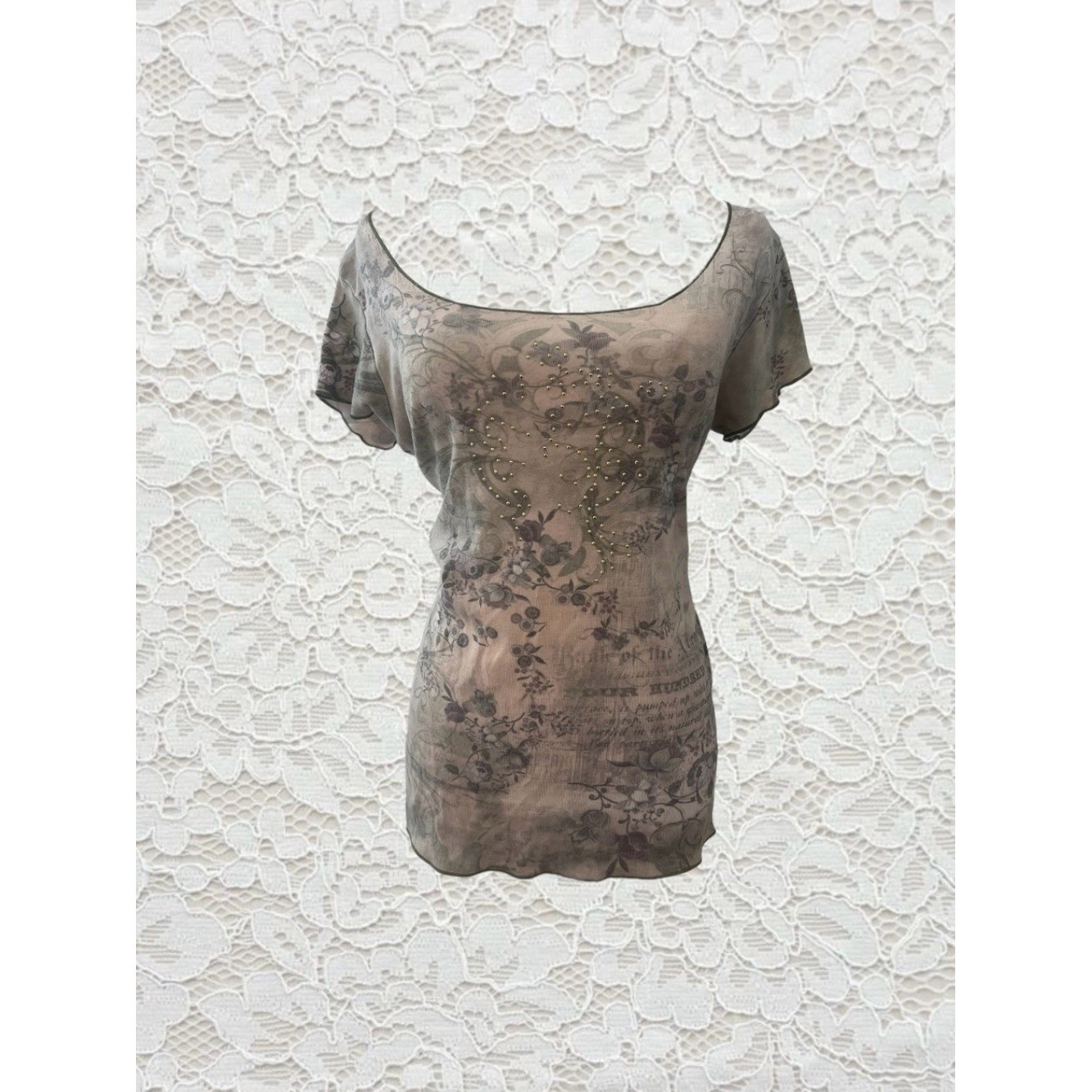 vintage green fairy paisley patterned cap sleeve baby tee with rhinestones