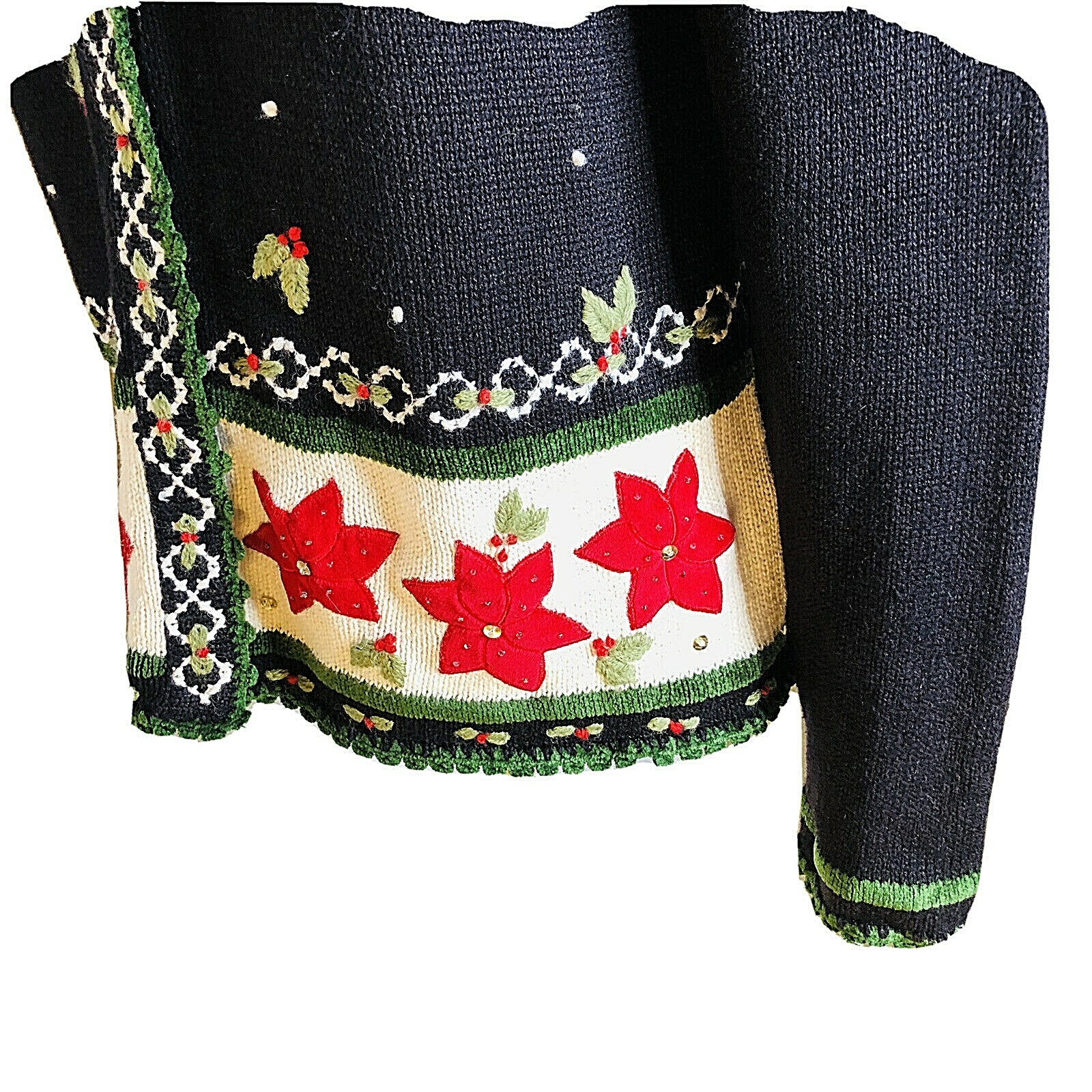 Vintage Christmas Reference Point Sweater Size S Snap Closure Poinsettia Holly