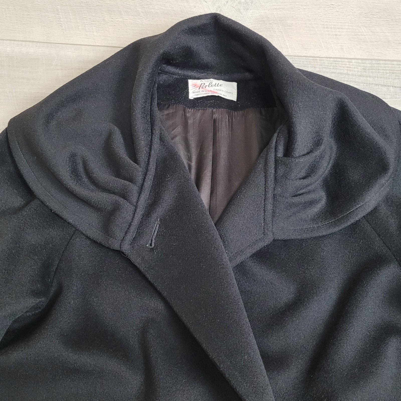 VTG A. Sachs Perlette Wool Overcoat Womens Shawl Collar L/XL Wool Black 80-90&rsquo;s