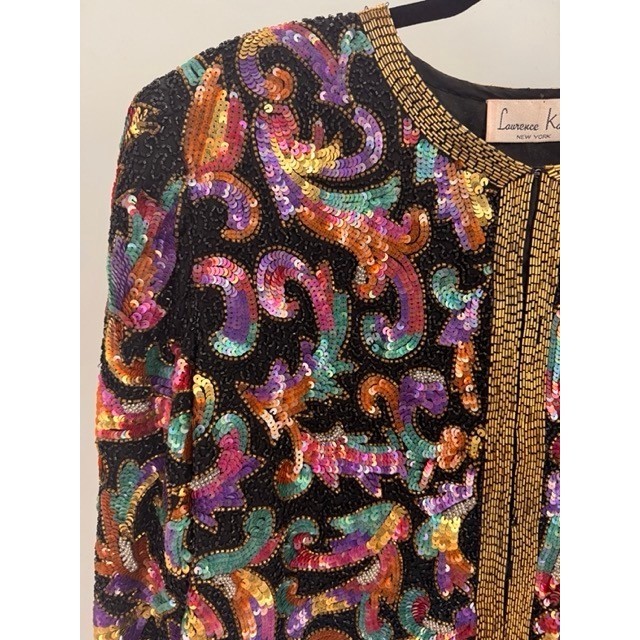 Vintage Laurence Kazar Black Multicolor Sequin Beaded Silk Jacket Glam Art Deco