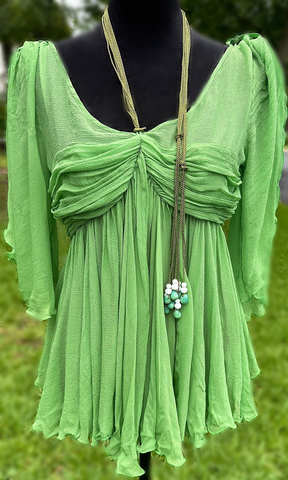 Authentic CHLOE Gazon Green Silk Sheer Ruffle Blouse Boho Fairycore Designer Vtg