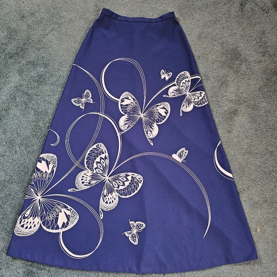 Vintage 70s Alfred Shaheen Hawaiian Butterfly Ribbon Graphic Maxi Patio Skirt M