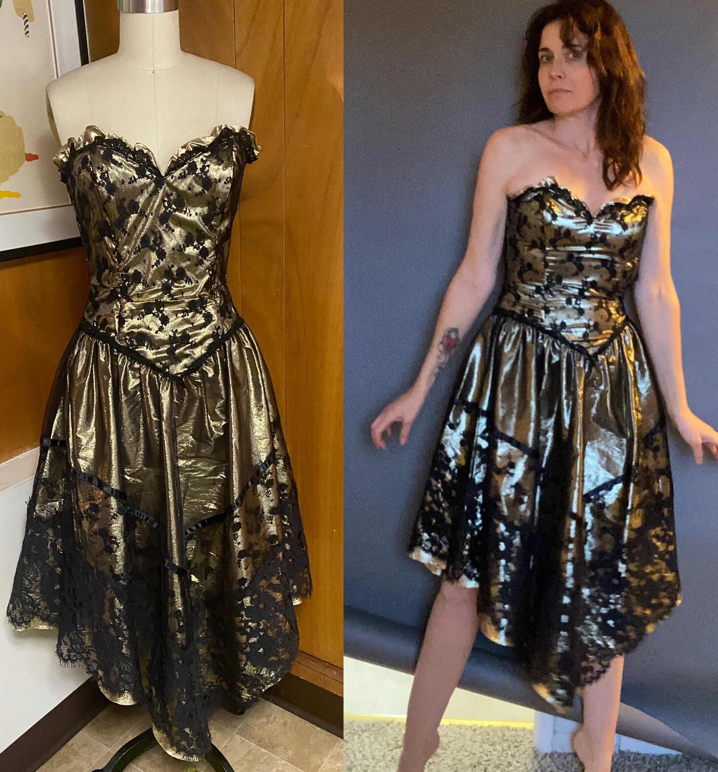 VTG New Leaf by Samir XS 0 2 Gold Black Metallic Party lace Dress Strapless