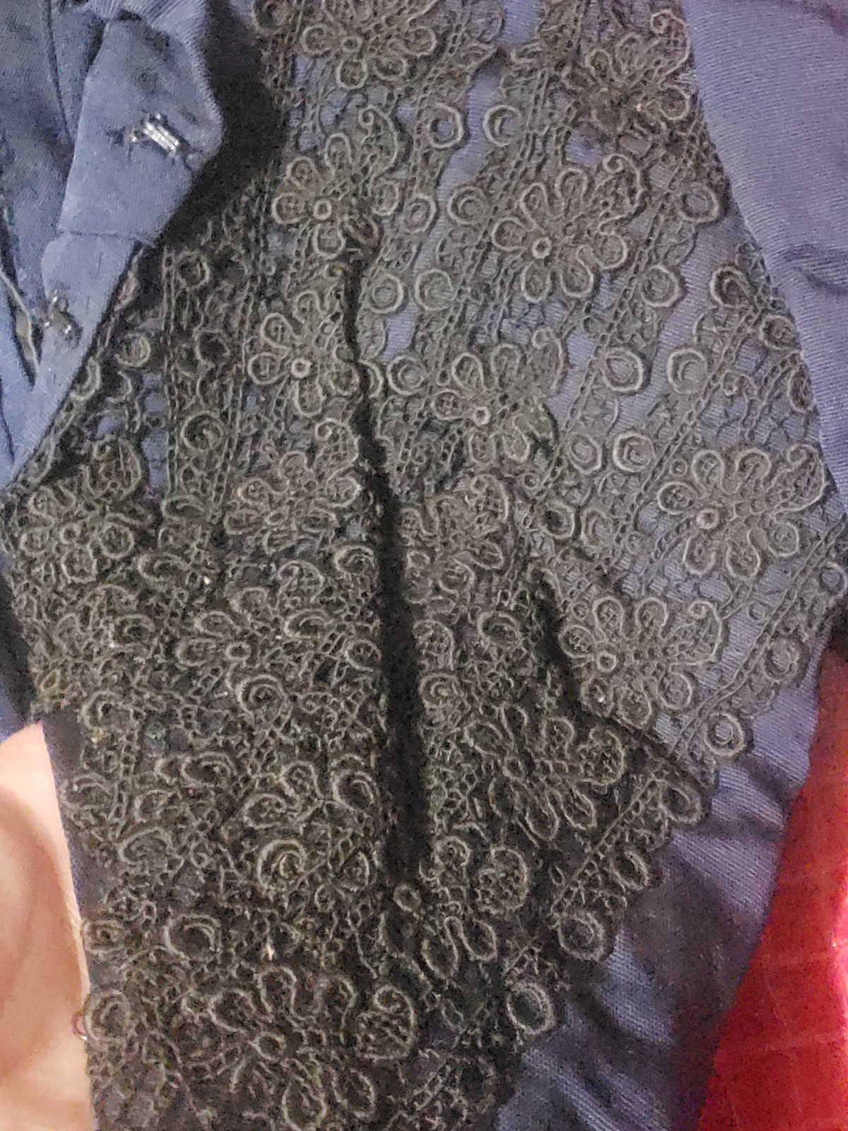 Authentic Antique 1870&rsquo;s Victorian Blue w Black Lace Jacket Bodice Boned Small