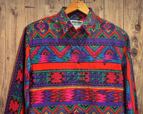 Vintage 80s Wrangler Authentic Western Apparel Colorful Aztec Shirt Womens M EUC