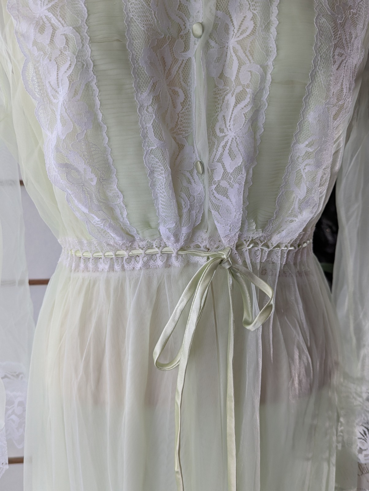 Vtg 1970s Miss Elaine Peignoir Set Long Mint Green Chiffon Lace USA Large NOS