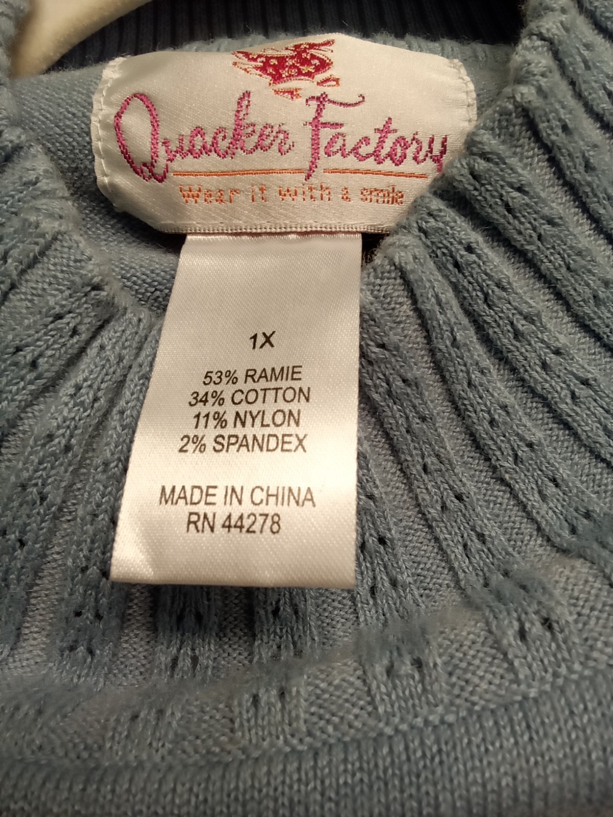 Vtg. Quacker Factory Christmas Sweater. Light Blue With Appliqued Santa. Sz. 1X