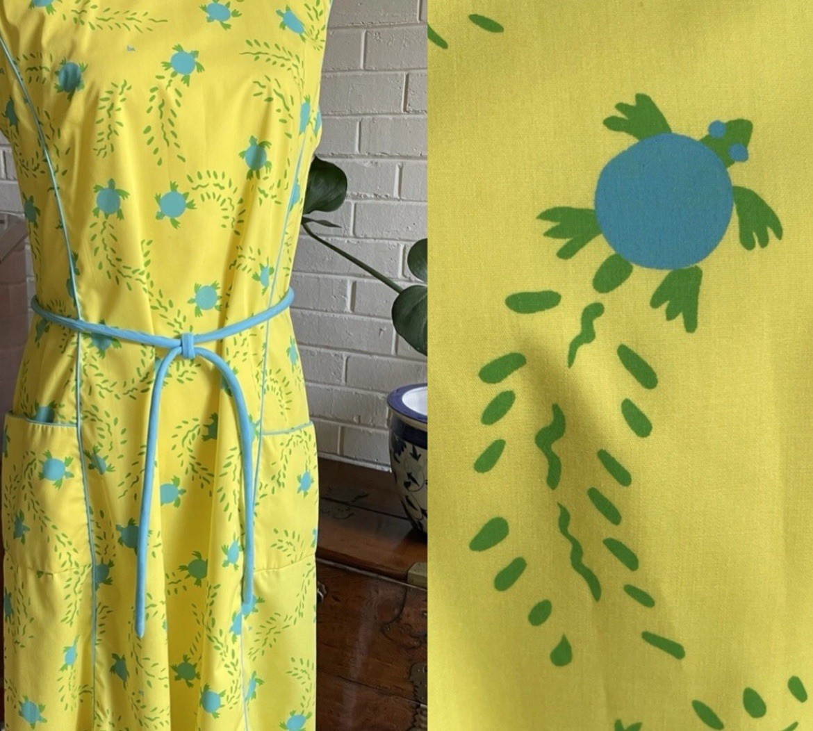 Vintage 1960s Shift Dress Women&rsquo;s XL (16) The Vested Gentress Yellow Sea Turtle