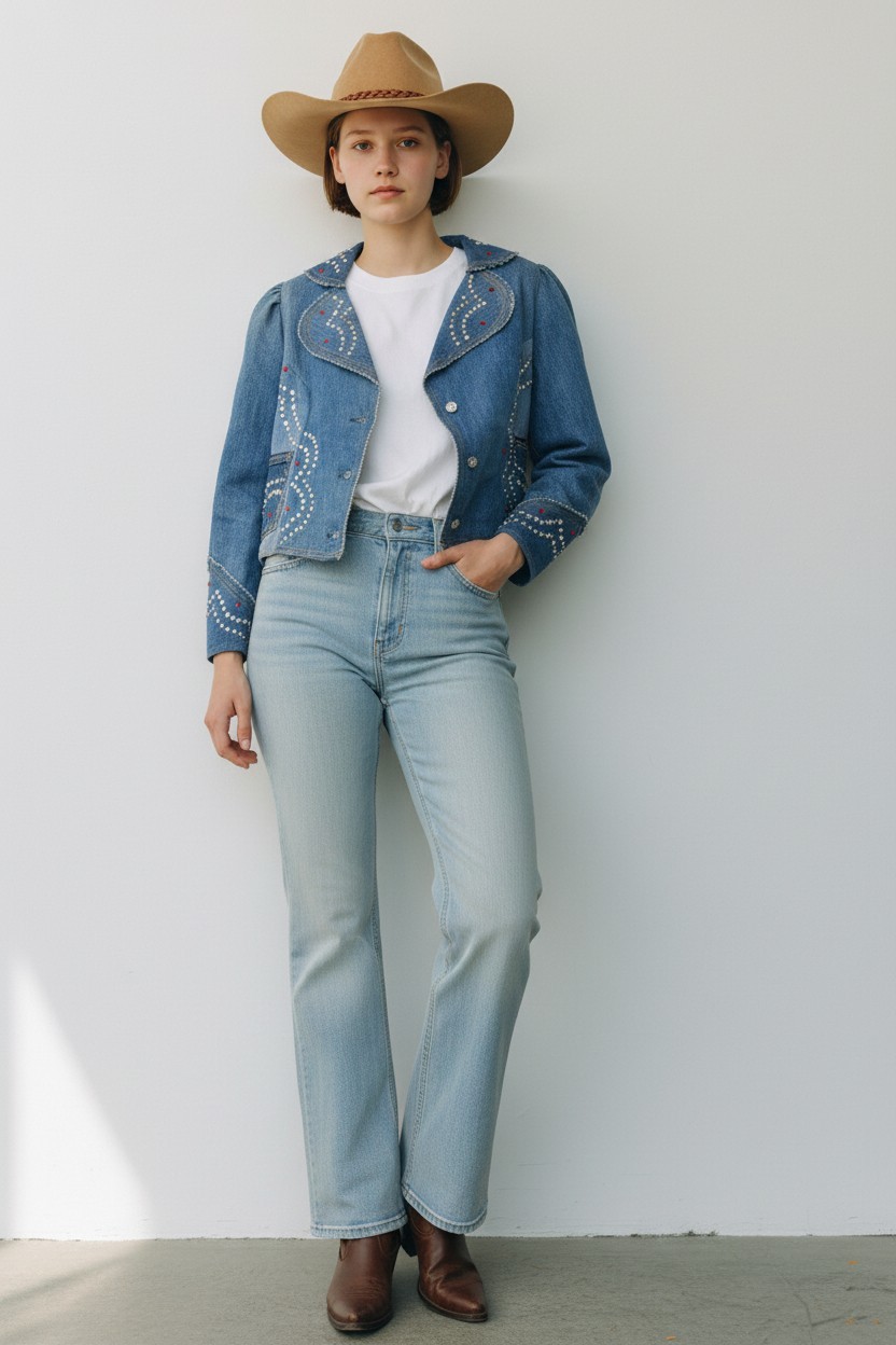 Vintage LOVE MELODY Sabatasso 1970&rsquo;s Blue Denim Short Jacket Silver Rhinestones