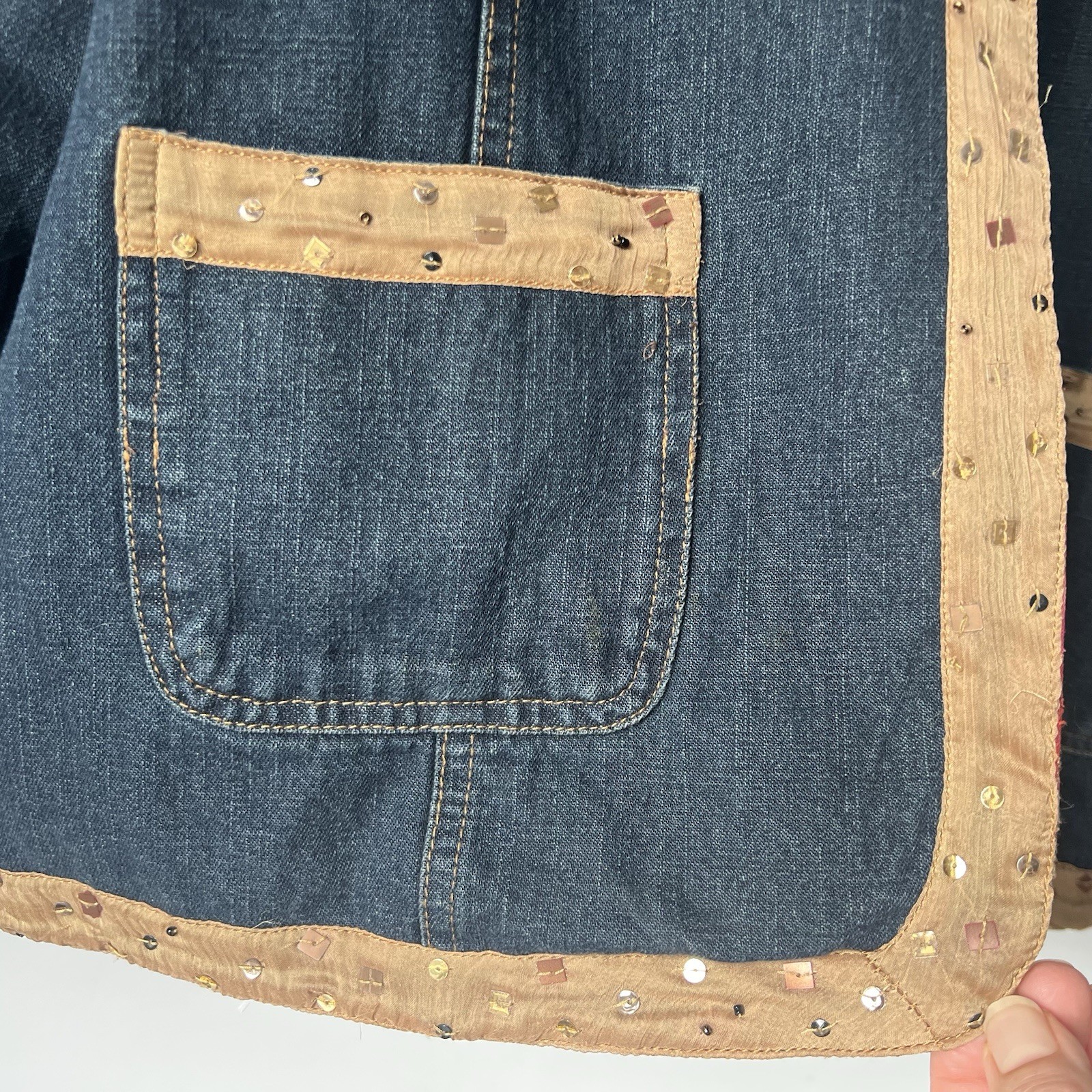 Vintage Units Denim Jacket Reversible Floral Art To Wear Sequins Womens XL FLAW
