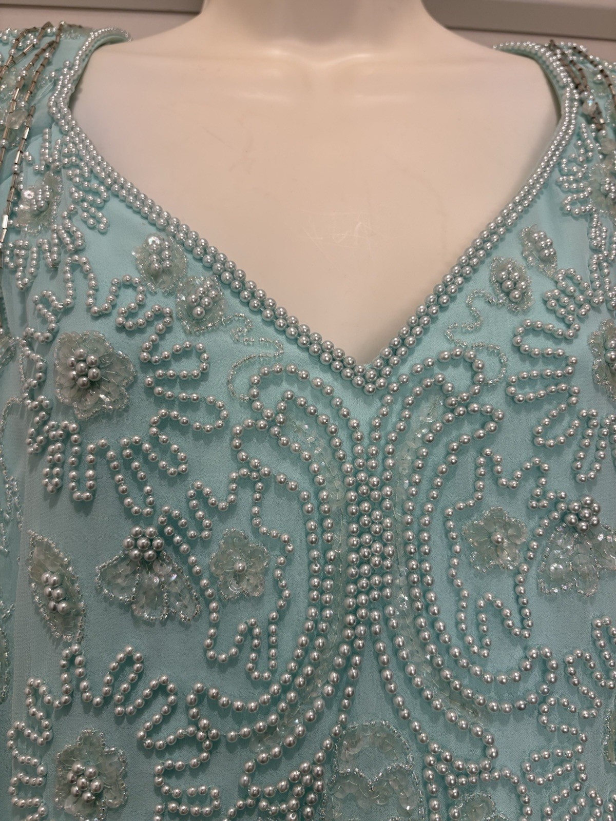 Jack Bryan Vintage Teal Beaded Chiffon Dress 18 Art Deco Gatsby Evening Flapper