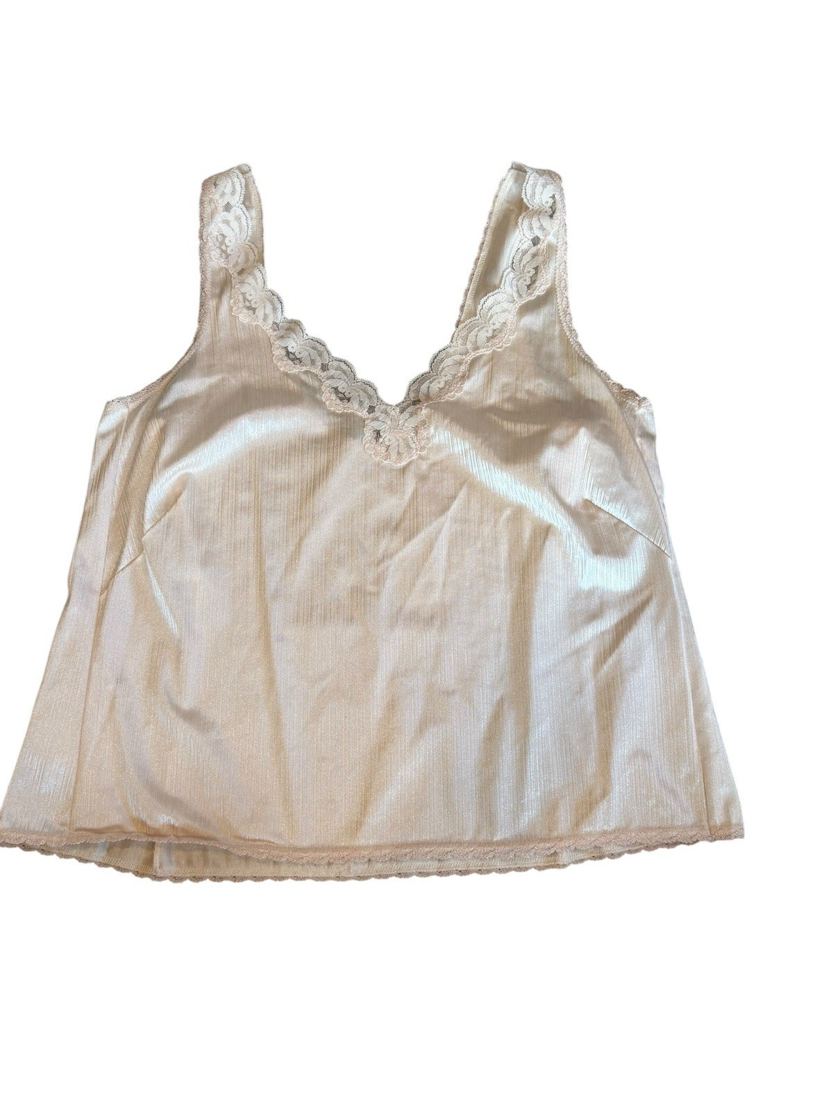 Vintage Pink Satin Nylon Camisole Top 36 Made in USA Lace Trim V-Neck Lingerie