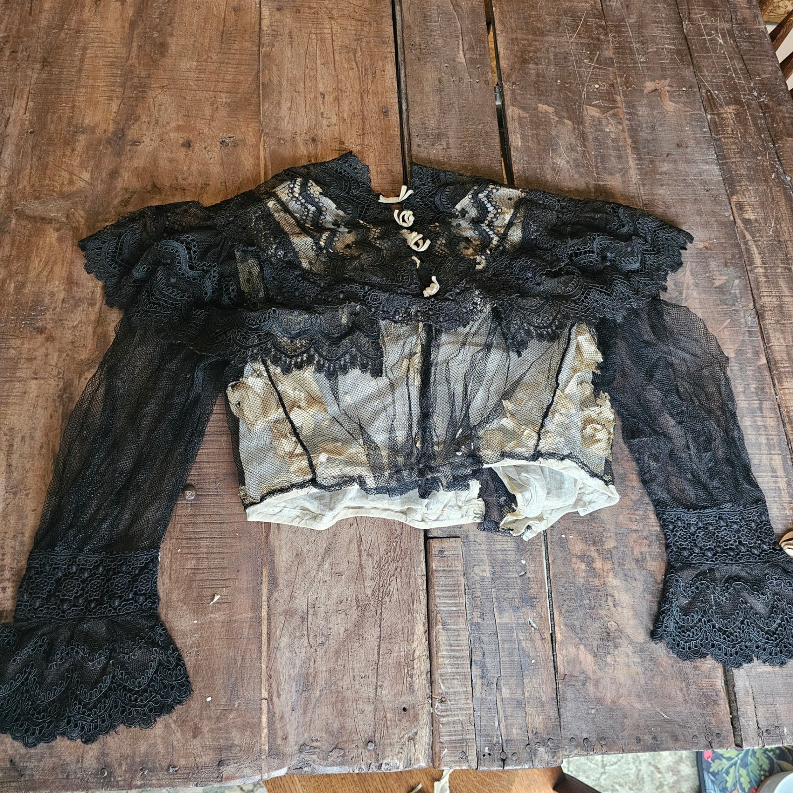 Antique Victorian 1890s Black Lace Bodice Mesh Netting Sheer Blouse Study Piece