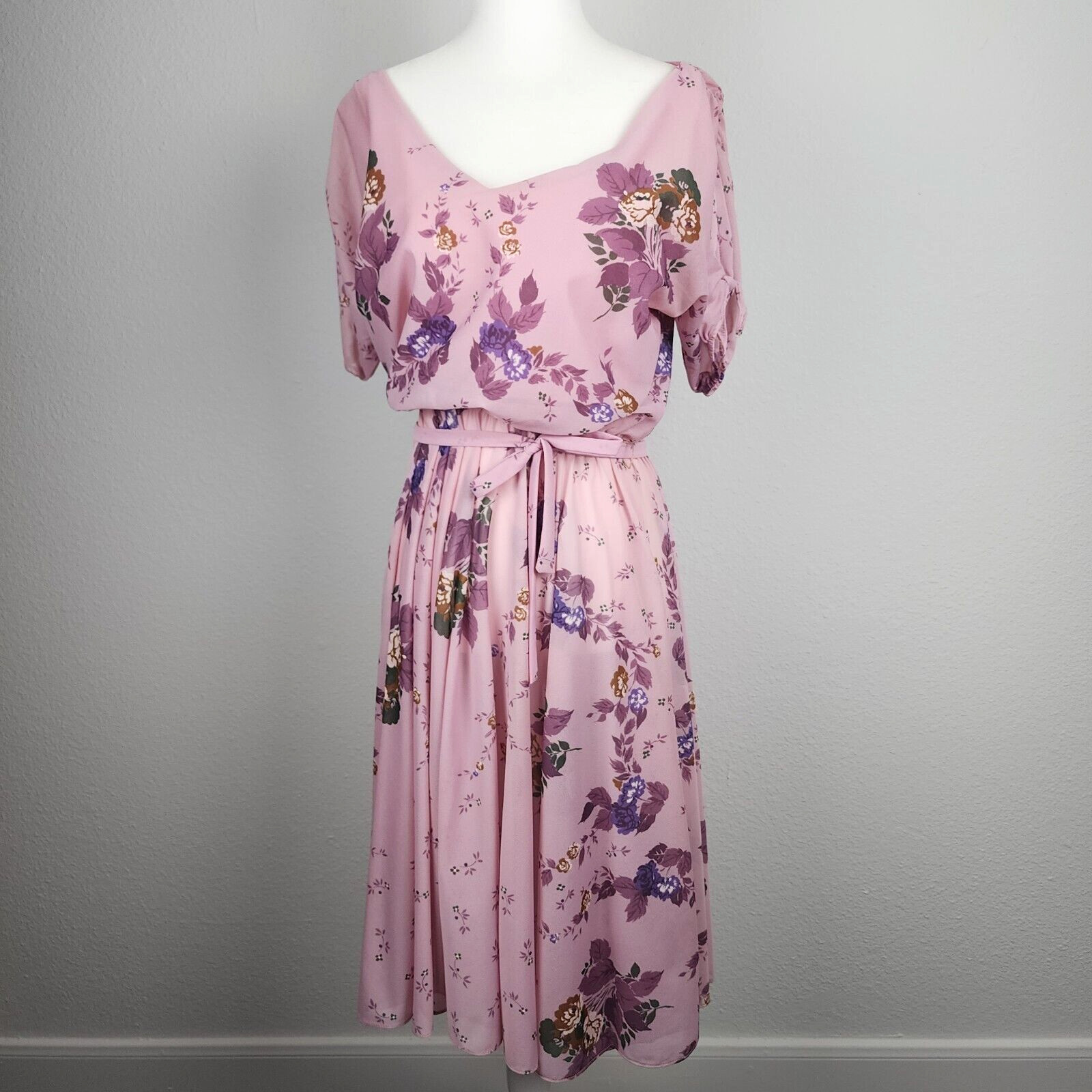 Vintage 70s Mauve Pink Floral Midi Dress Tie Waist Sheer Skirt Boho M