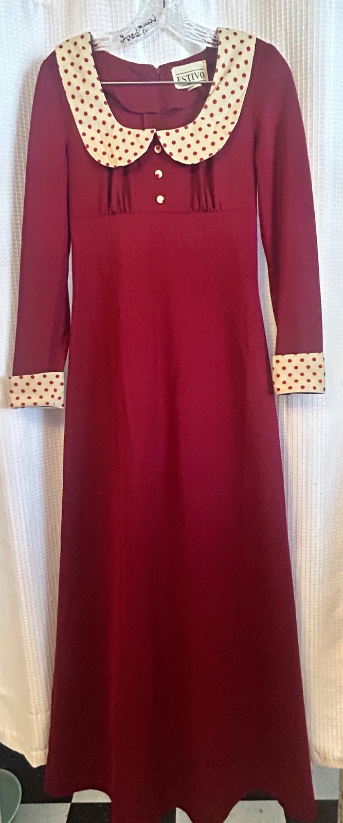 VTG 70s Peter Pan Collar Long Sleeve Maxi Dress Maroon Size 7 Estivo