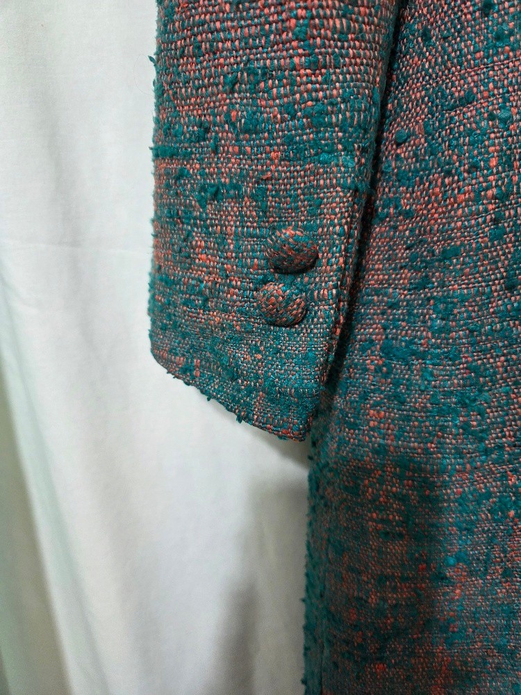 Raw Silk Coat Vtg 60s Teal Copper Quilted Panel Lining Hong Kong Herald Tang