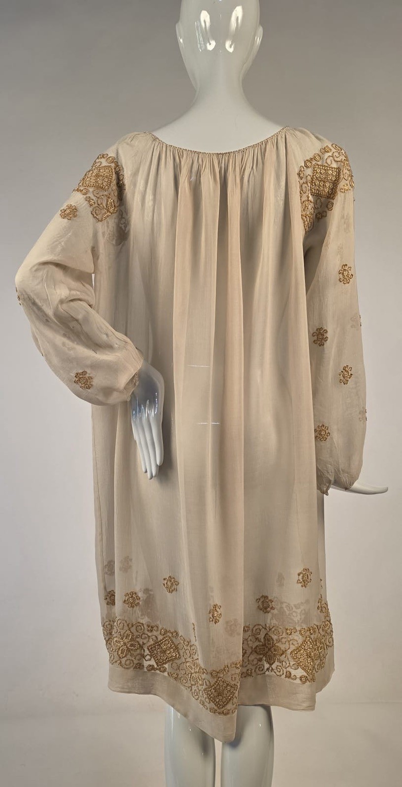 FLAPPER 1920’S HAND EMBROIDERED MUSLIN DRESS W TASSEL TRIMMED CORD FRONT
