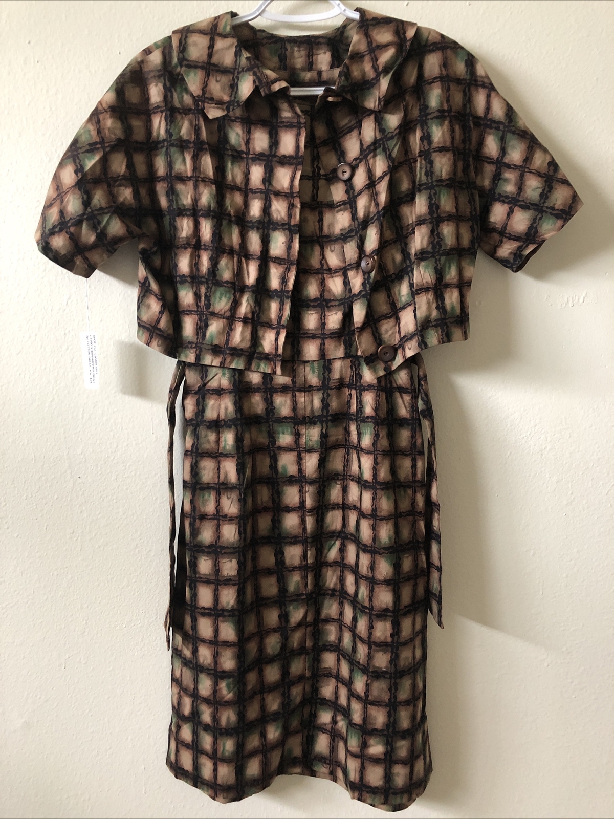 VTG 1950s 3pc Cotton Dress Set Brown Green Black Print Size S/M New Old Stock