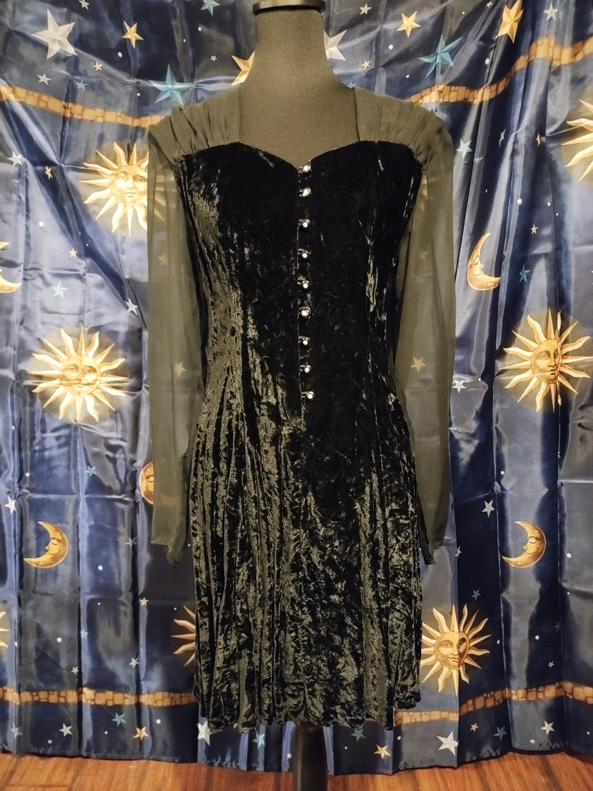 Vintage 80&rsquo;s Black crush Velvet Mesh Faux Diamond Dress 13/14 S Goth Rockabilly