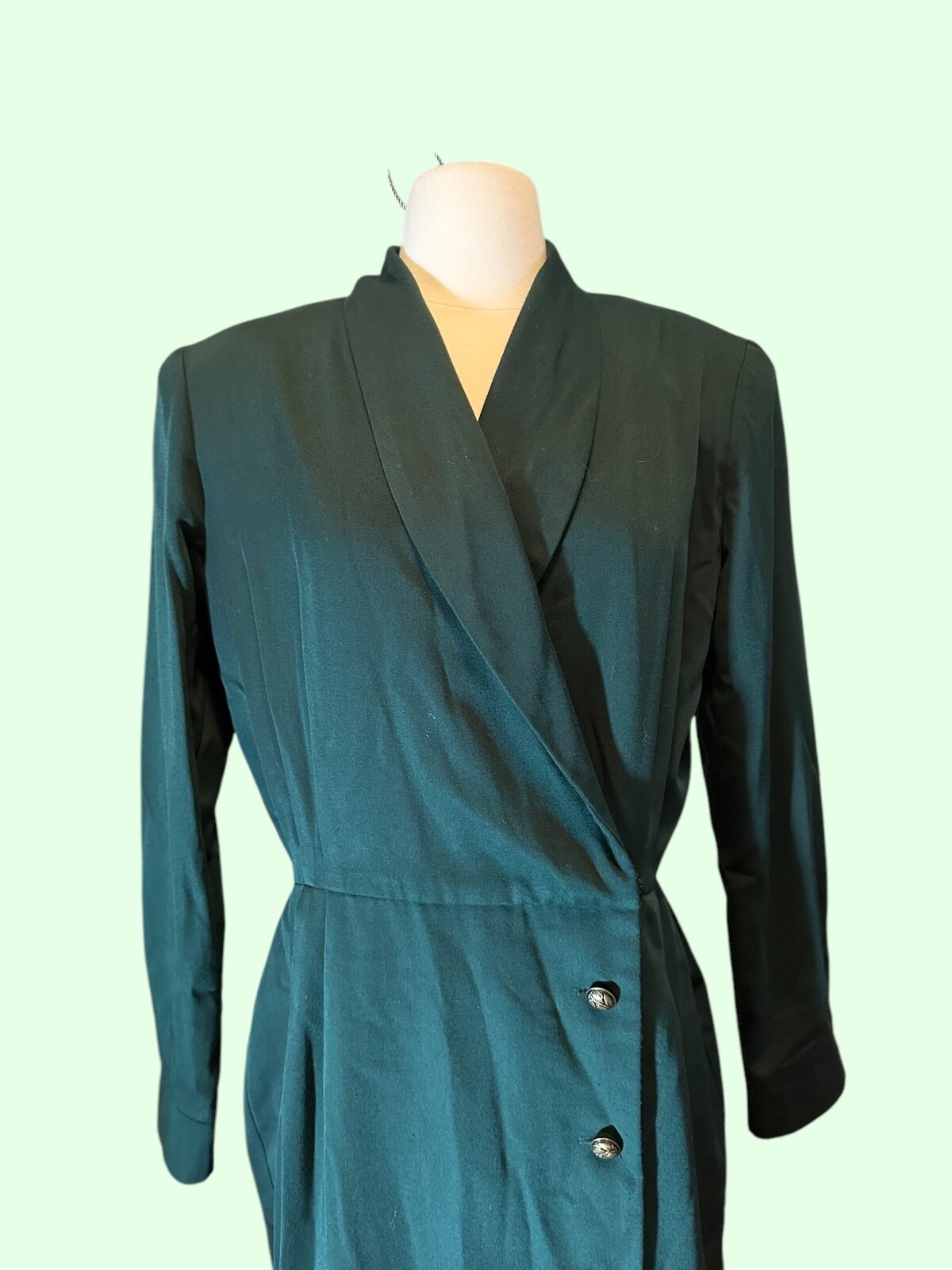 Vintage 80&rsquo;s Forest Green Retro button up career business dress size medium