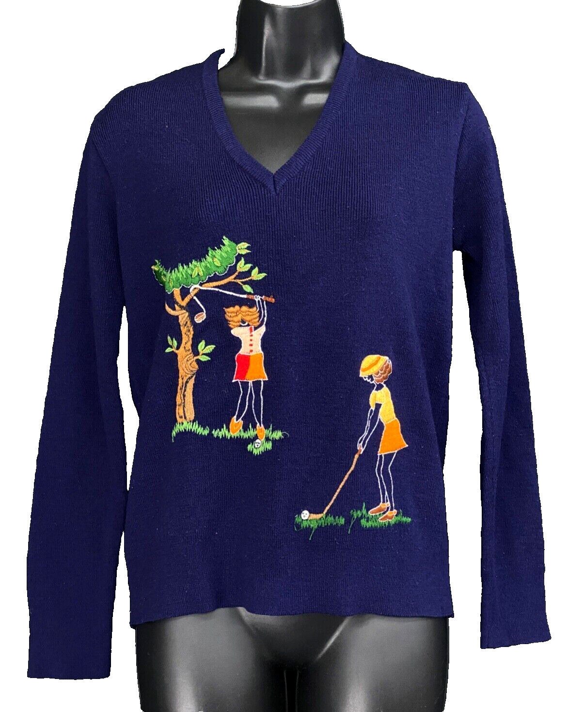 Vintage 1960s blue novelty sweater, navy golf women&rsquo;s sports embroidered print S