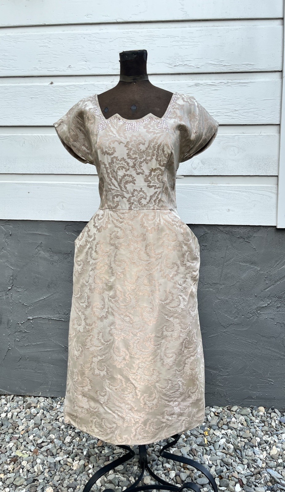 VTG 1950s Brocade Jacquard Rhinestone Cocktail Dress Hollywood Glam 31” Waist