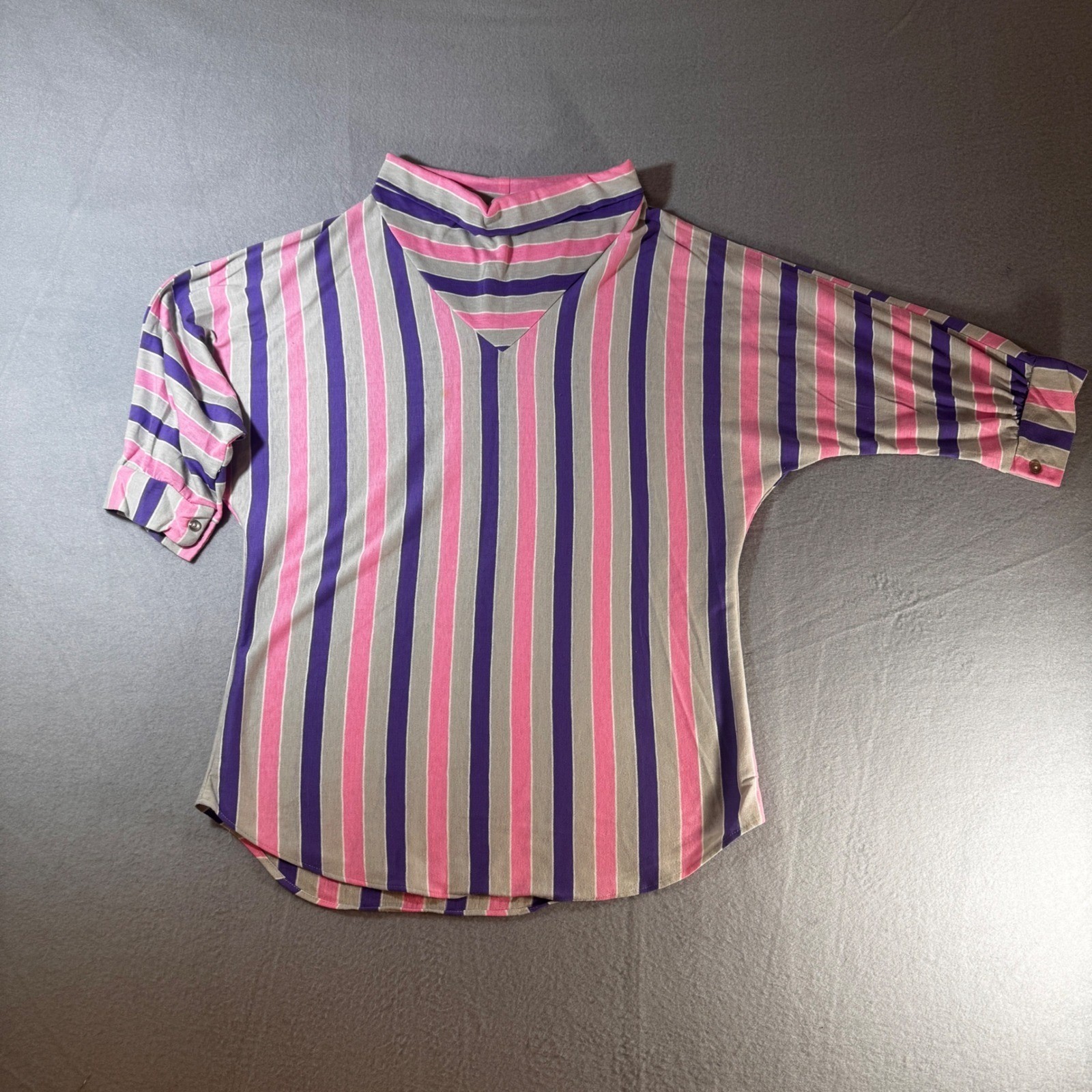Vintage Ermane Pink Purple Grey Striped Dolman Sleeve Blouse Made in USA L