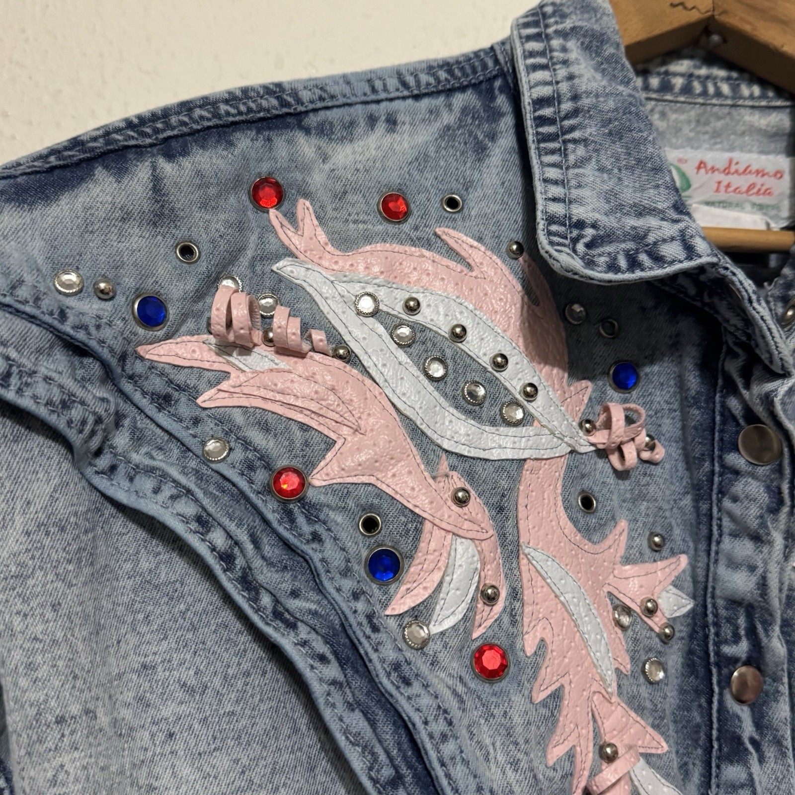 Vintage 80s Amdiano Italia Denim Acid Wash Jumpsuit size Medium pink leather gem