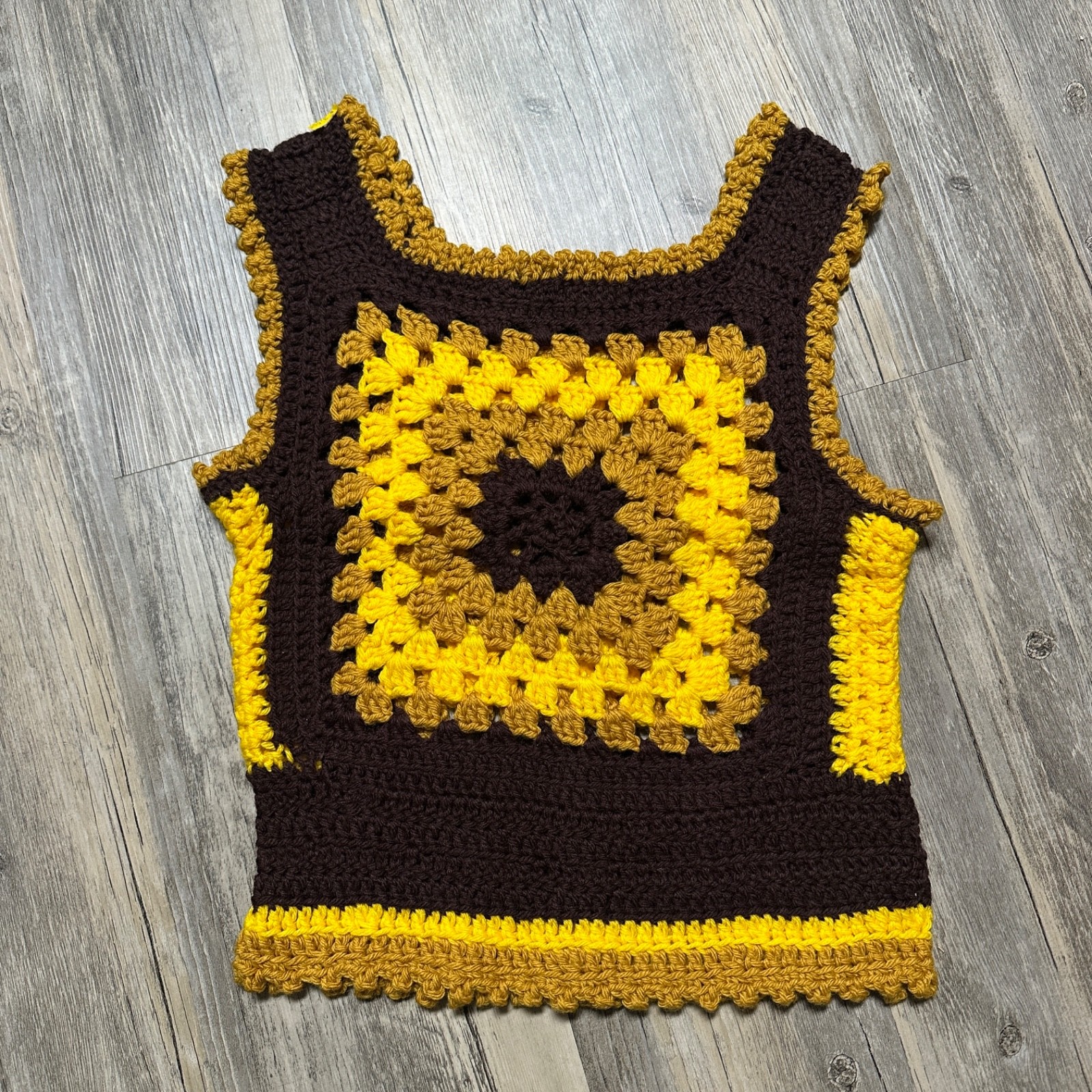 Vtg 1970s Handmade Crochet Vest Tank Cropped Yellow Brown Granny Square