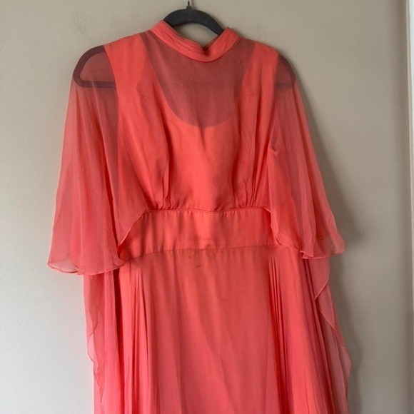 Vintage 60s Coral Chiffon Dress Large AS IS Maxi Waterfall Cape Flutter Angel